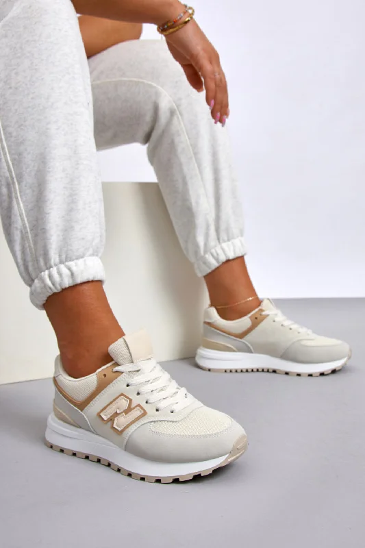 BEIGE LACE UP SIDE DETAIL CHUNKY FASHION DESIGNER TRAINERS