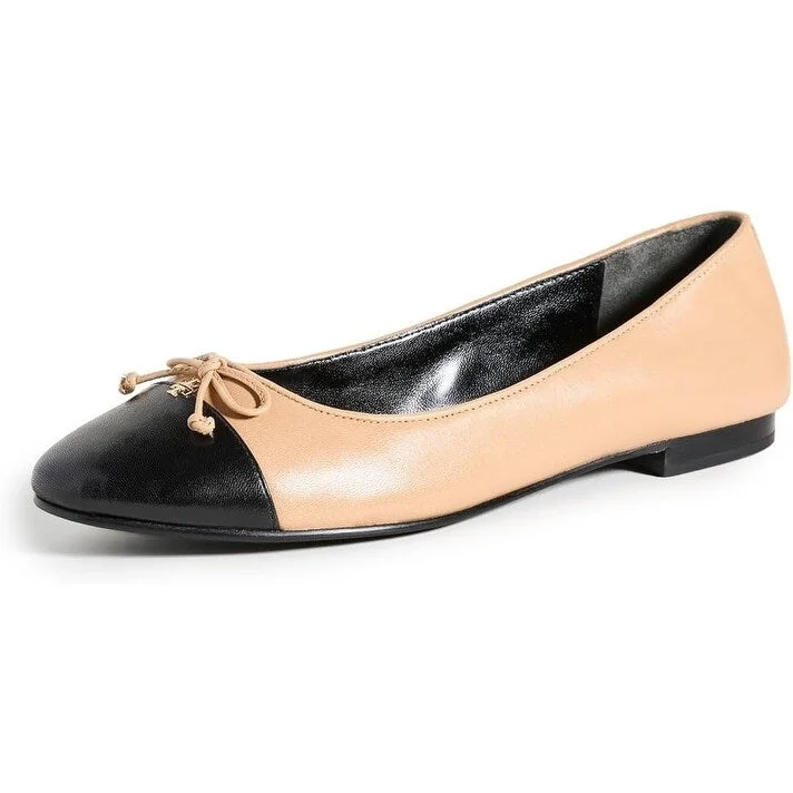 Tory Burch Womens Cap Bow Toe Leather Ballet Flat Ginger Shortbread Perfect Black