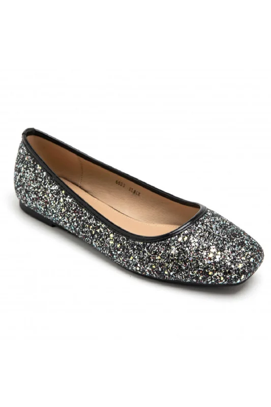 BLACK GLITTER DETAIL BALLET FLATS SLIP ON BALLERINA SHOES