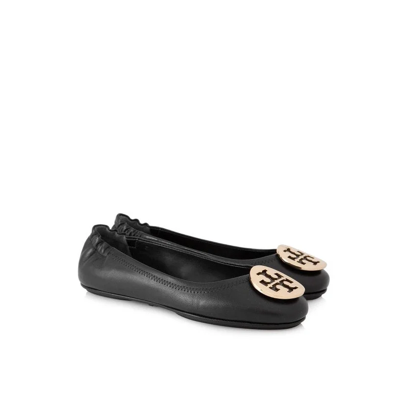 Tory Burch Minnie Travel Ballet Logo Leather Flats Perfect Black Gold