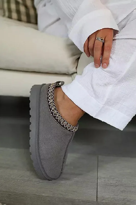 GREY FAUX SUEDE EMBROIDERED COZY SLIPPER BOOTS