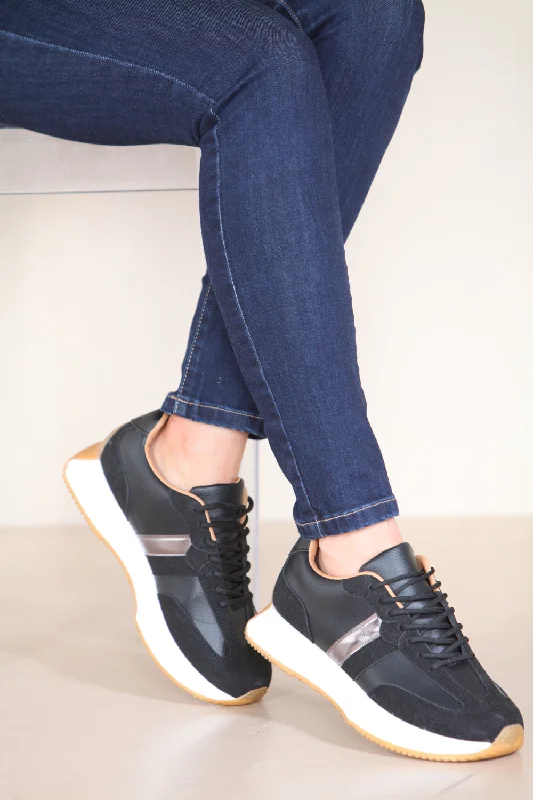 BLACK METALLIC STRIPE LACE UP TRAINERS