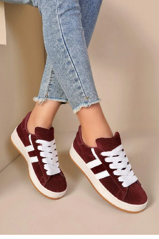 WINE RED LACE UP SIDE DETAIL DESIGNER TRAINERS