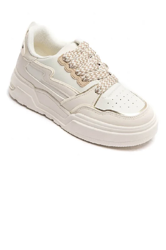 BEIGE LACE UP SIDE DETAIL FASHION DESIGNER TRAINERS