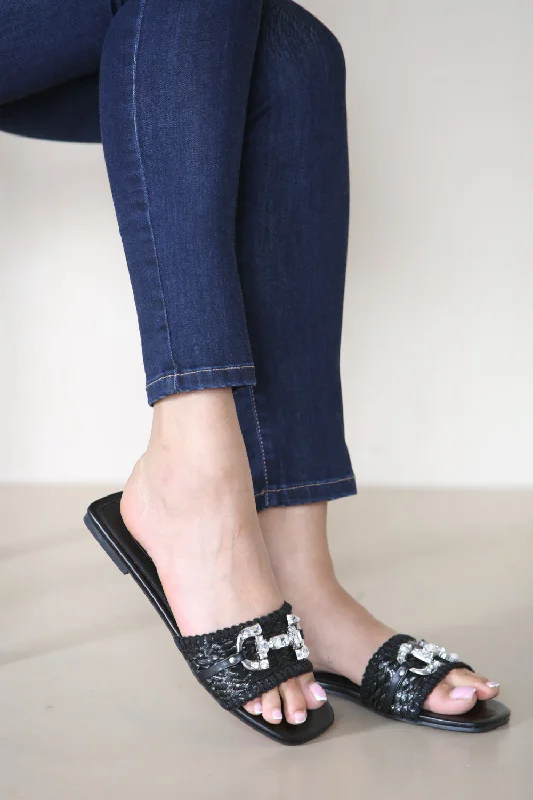 BLACK FLAT DIAMANTE TRIM DETAIL MULES CASUAL SANDALS