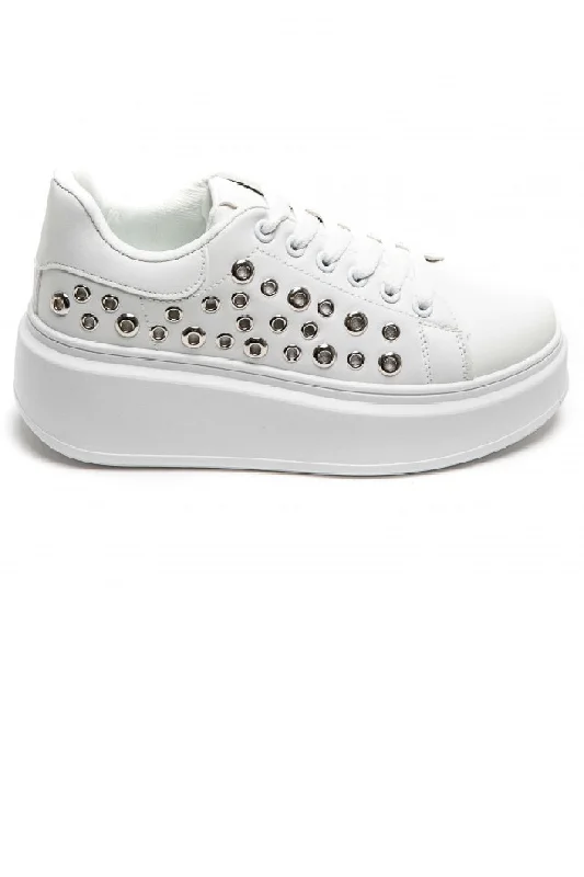 WHITE LACE UP SIDE DETAIL CHUNKY STYLISH FLAT TRAINERS