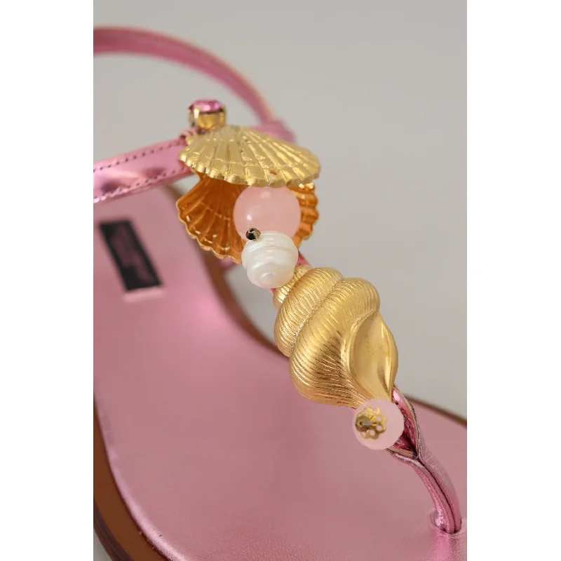 Dolce & Gabbana Chic Pink Leather Sandals with Exquisite Women's Embellishment