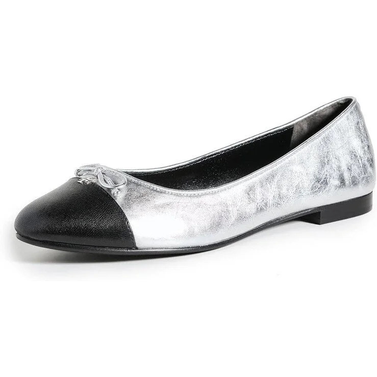 Tory Burch Womens Cap Toe Ballet Flats Bow Silver Perfect Black