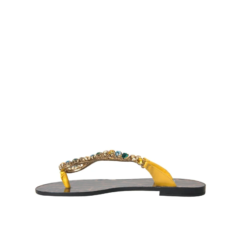 Dolce & Gabbana Mustard Crystal Calf Leather Beachwear Women's Shoes