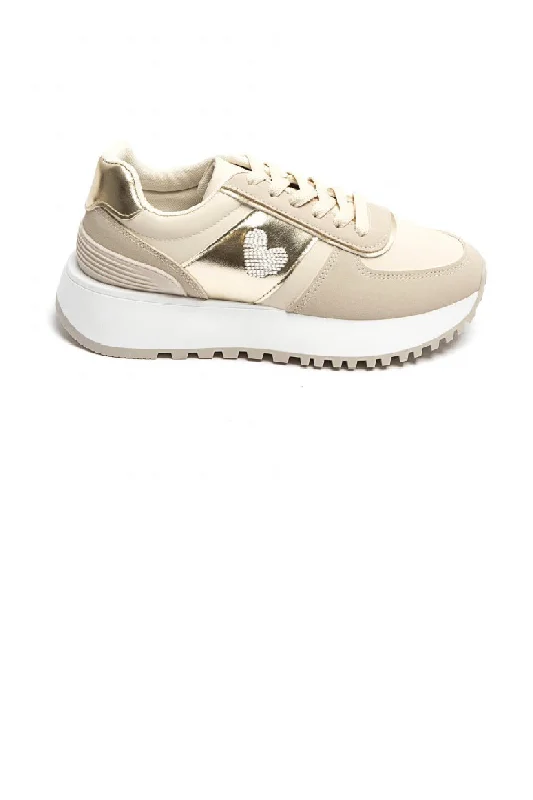 BEIGE LACE UP DIAMANTE DETAIL FASHION DESIGNER TRAINERS