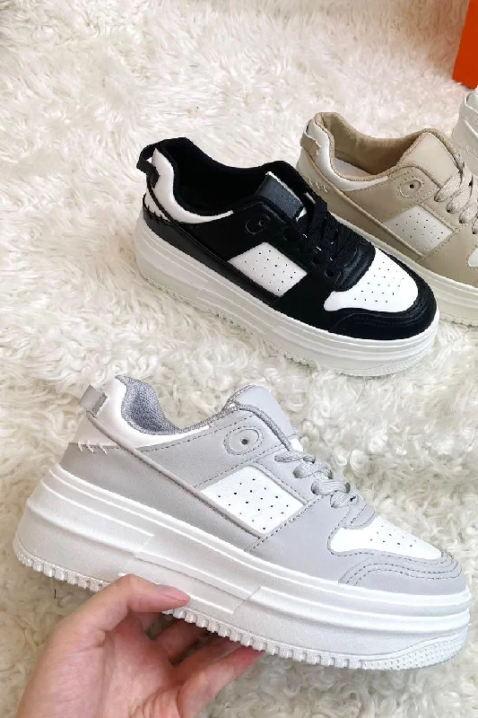 GREY LACE UP CHUNKY FLAT TRAINERS SNEAKERS