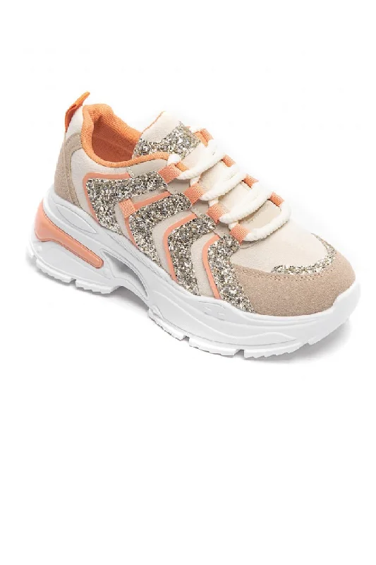 ORANGE LACE UP GLITTER DETAIL CHUNKY TRAINERS