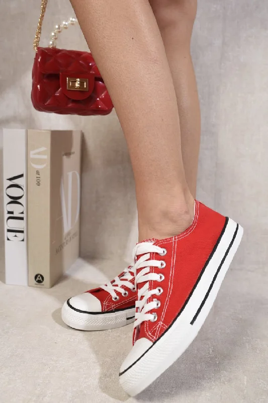 RED CANVAS LACE UP FLAT DESIGNER FASHION TRAINERS