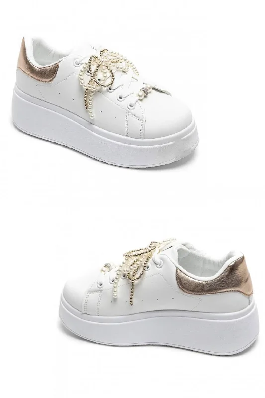 CHAMPAGNE WHITE PEARL LACE DETAIL LACE UP CHUNKY SNEAKERS TRAINERS