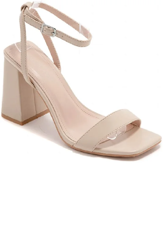 BEIGE BLOCK HEELED STRAPPY PARTY SANDALS