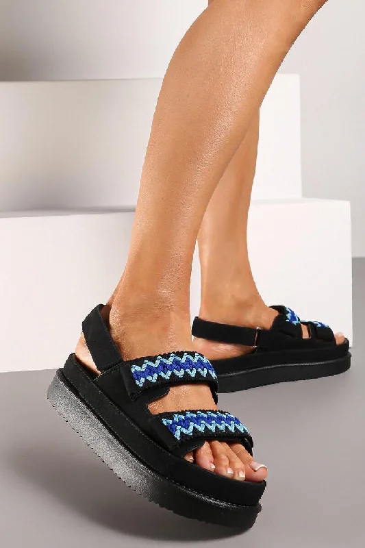 BLACK WHIPSTICH TRIM VELCRO PLATFORM SUMMER SANDALS