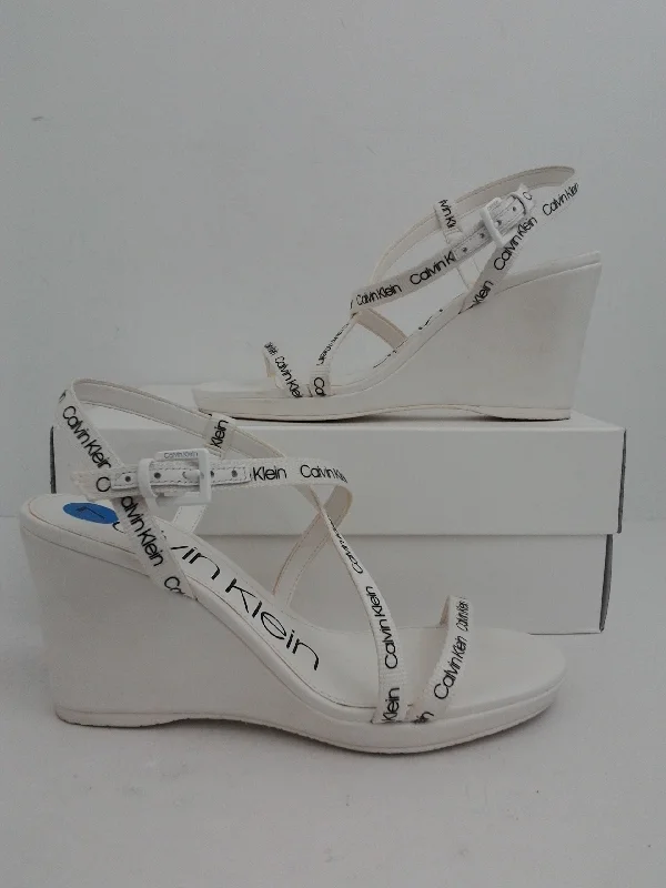 Calvin Klein Women's Bellemine Logo Webbing White Wedge Sandal Size 7 M