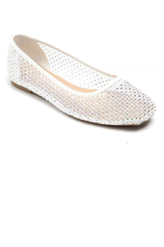 WHITE CRYSTAL EMBELLISHED FLAT BALLERINA SHOES