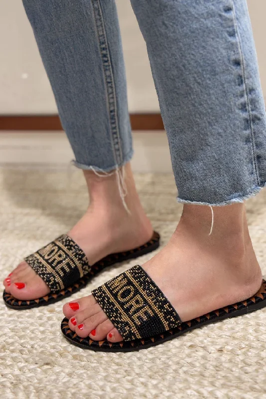 BLACK BEADED FLAT SLOGAN SLIDER SLIDES SANDALS