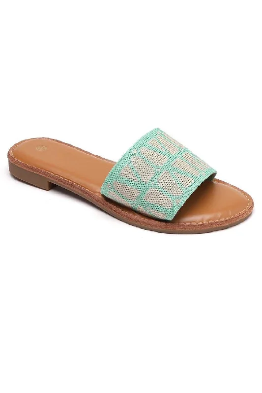 GREEN OPEN TOE FLAT SLIDERS SANDALS