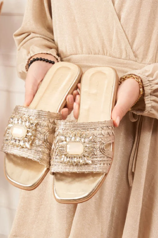 GOLD SLIP ON FLAT RHINESTONE BROOCH SUMMER SLIDER SANDALS