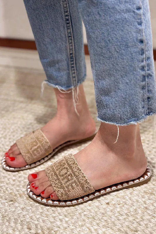 BEIGE BEADED FLAT SLOGAN SLIDER SLIDES SANDALS