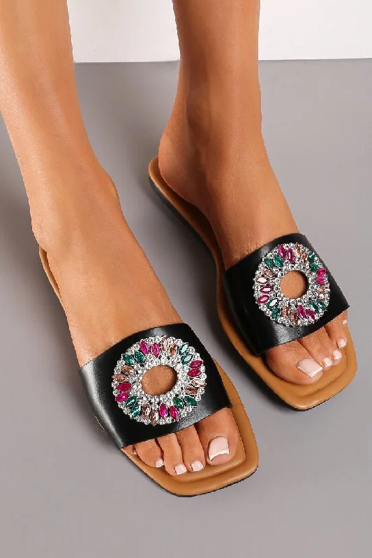 BLACK FLAT DIAMANTE BROACH SUMMER SLIDERS SANDALS