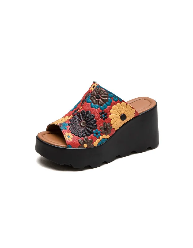 Fish Toe Ethnic Style Flower Printed Wedge Slippers