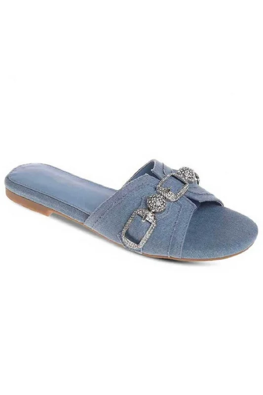 Denim Flat Diamante Detail Sandals