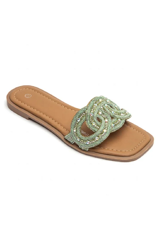 Green Diamnte Flatform Cut Out Slide Sandals