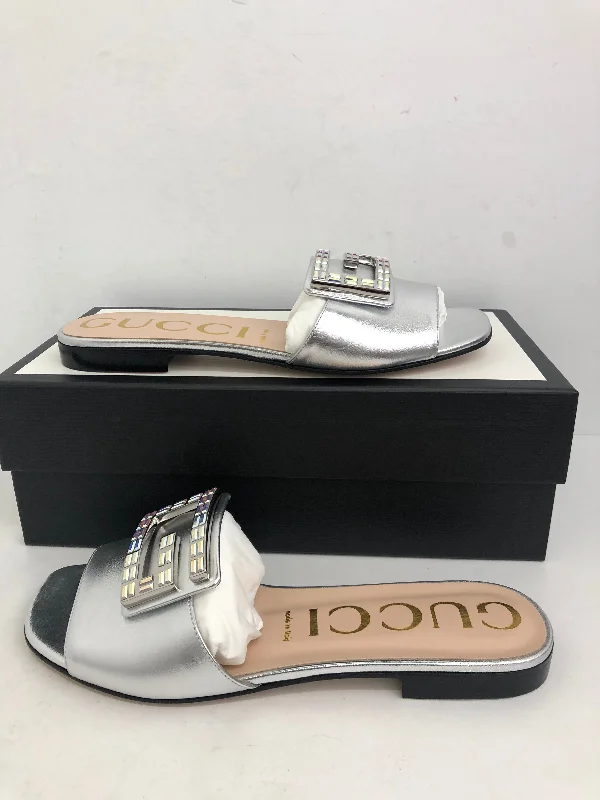 Gucci Women's Argento Nappa Silk Silver Mules Size 35-40