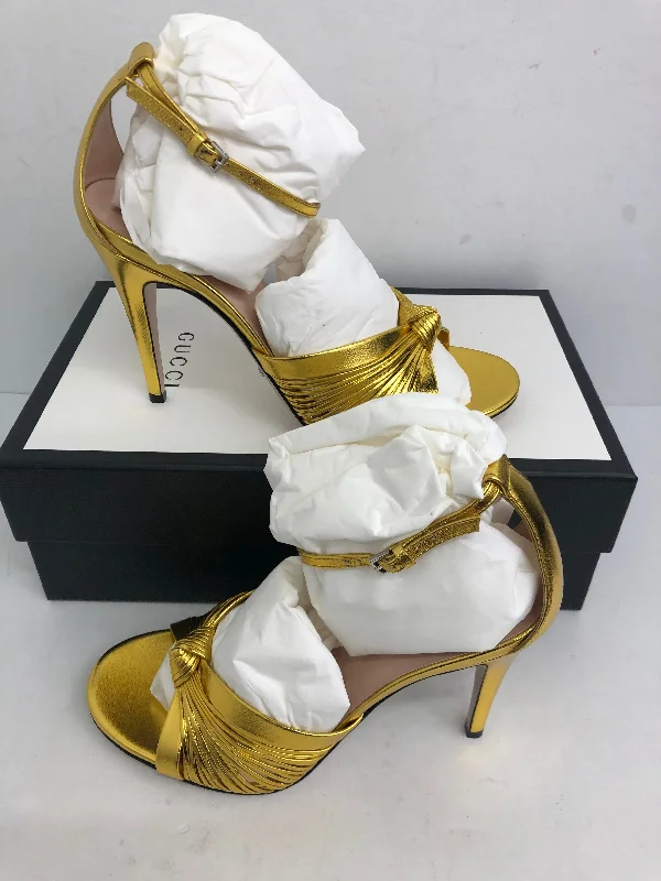 Gucci Women's Oro Vecchio Nappa Silk Gold Heeled Sandal Size 36-39