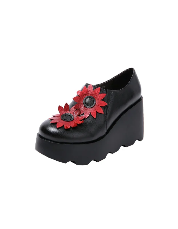 Handmade Leather Sunflower Retro Wedge Sandals