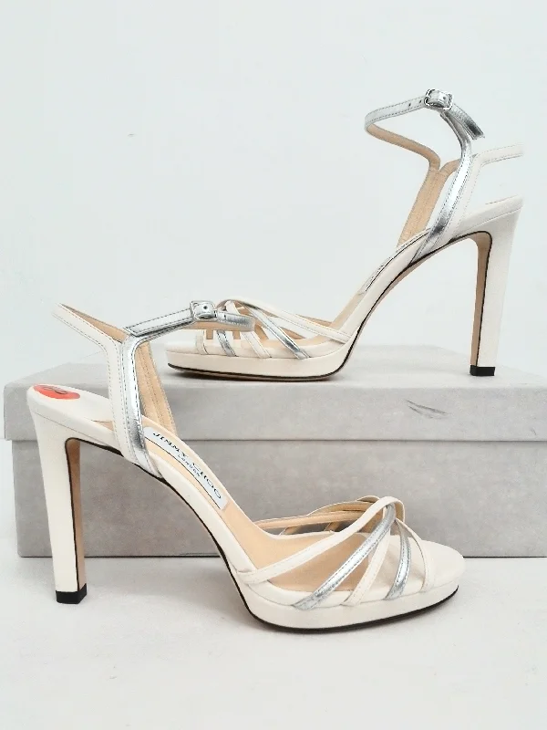 Jimmy Choo Women's Lilah White/Silver Latte Mix Leather Sandal Size 38