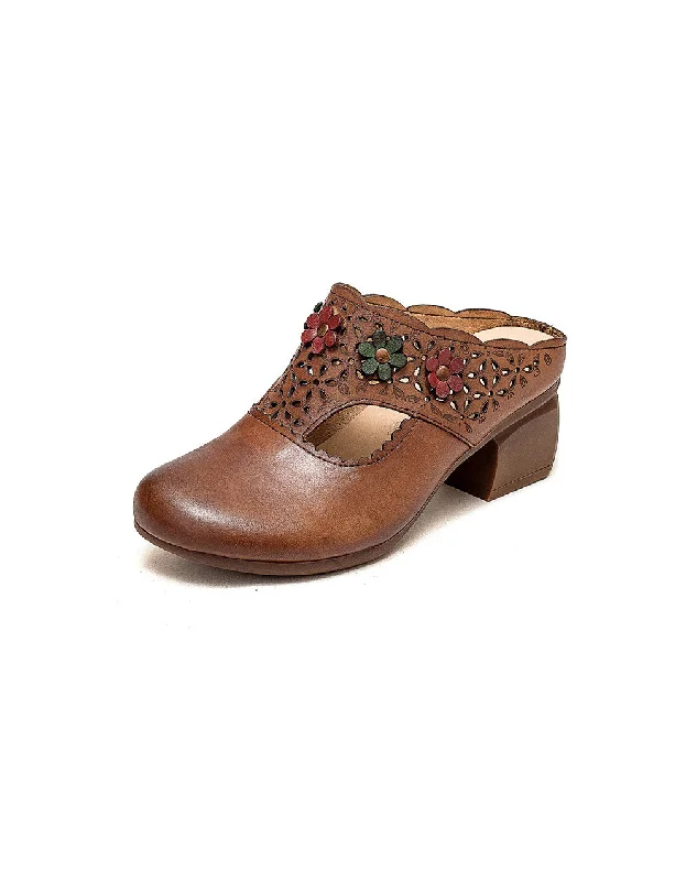 Leather Flowers Vintage Close Toe Chunky Heel Slippers