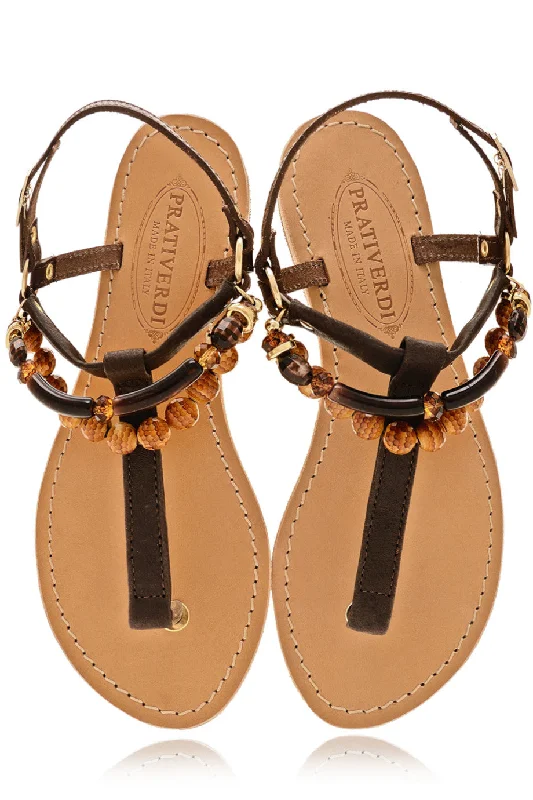 ALESSIA Beaded T-Bar Brown Leather Women Sandals