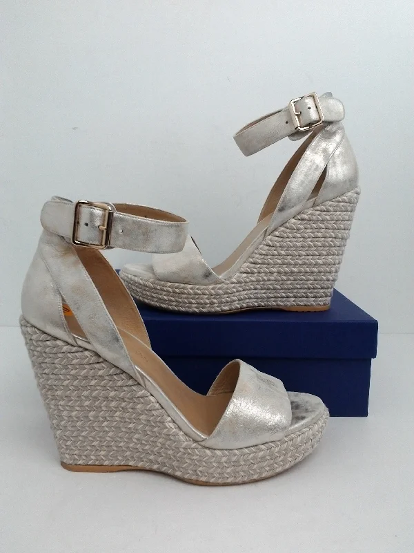 Stuart Weitzman Mostly Pale Gold Clouded Nap Wedge Espadrille Sandal Size 10 M