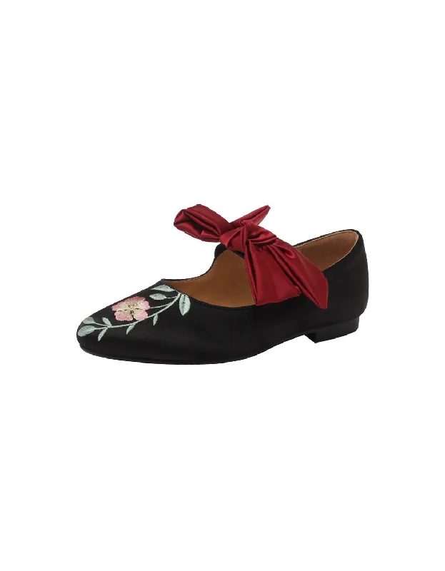 Vintage Bowknot Strap  Satin Flower Embroidered Flats